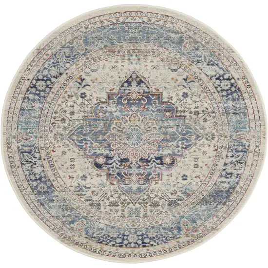 4' Ivory Blue And Orange Floral Distressed Round Rug Photo 4