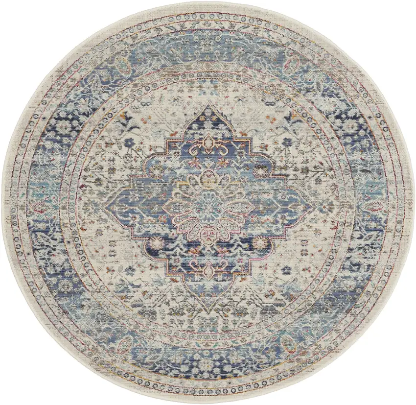 4' Ivory Blue And Orange Floral Distressed Round Rug Photo 4