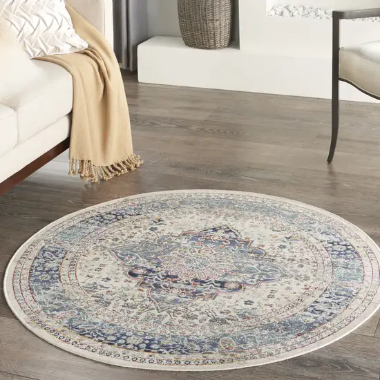 4' Ivory Blue And Orange Floral Distressed Round Rug Photo 5