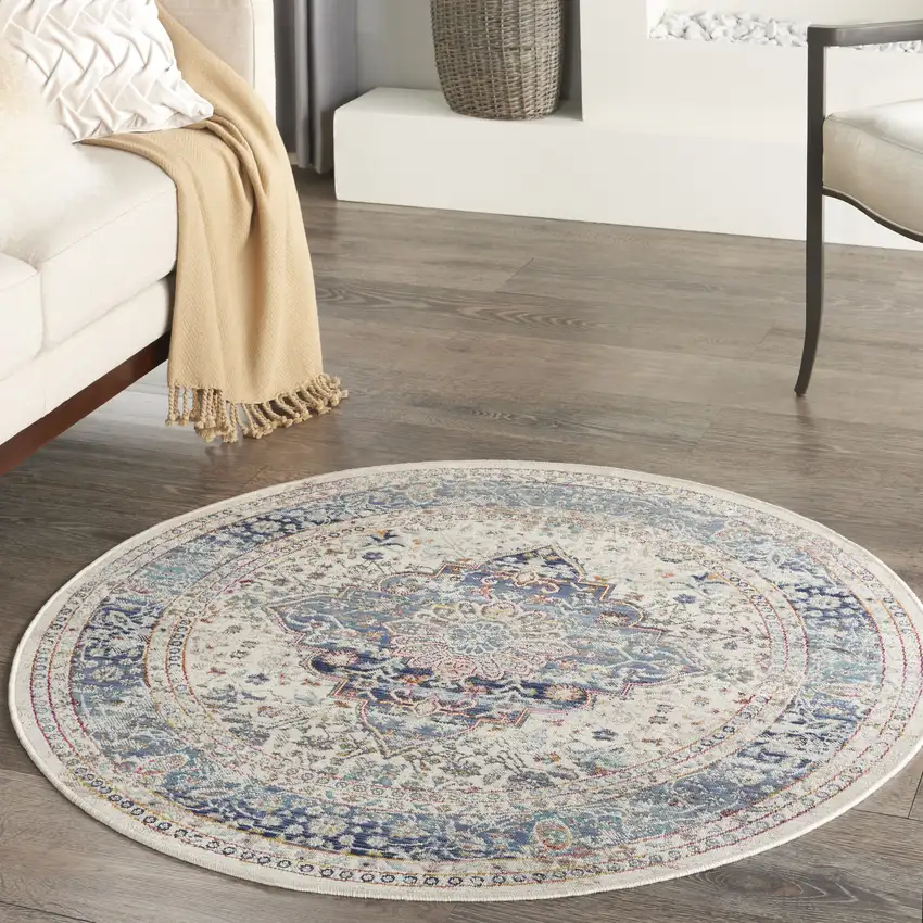 4' Ivory Blue And Orange Floral Distressed Round Rug Photo 5