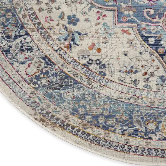 4' Ivory Blue And Orange Floral Distressed Round Rug Photo 9