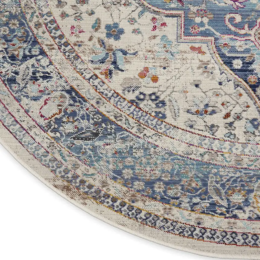 4' Ivory Blue And Orange Floral Distressed Round Rug Photo 9