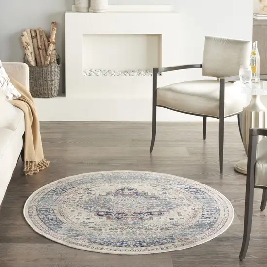 4' Ivory Blue And Orange Floral Distressed Round Rug Photo 6