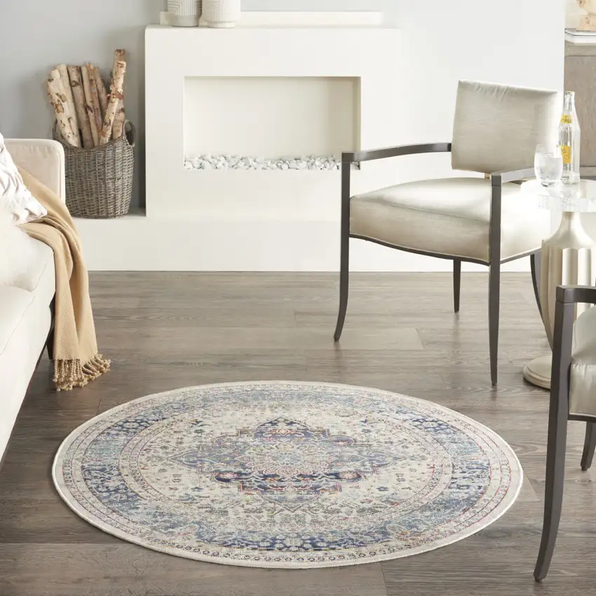 4' Ivory Blue And Orange Floral Distressed Round Rug Photo 6