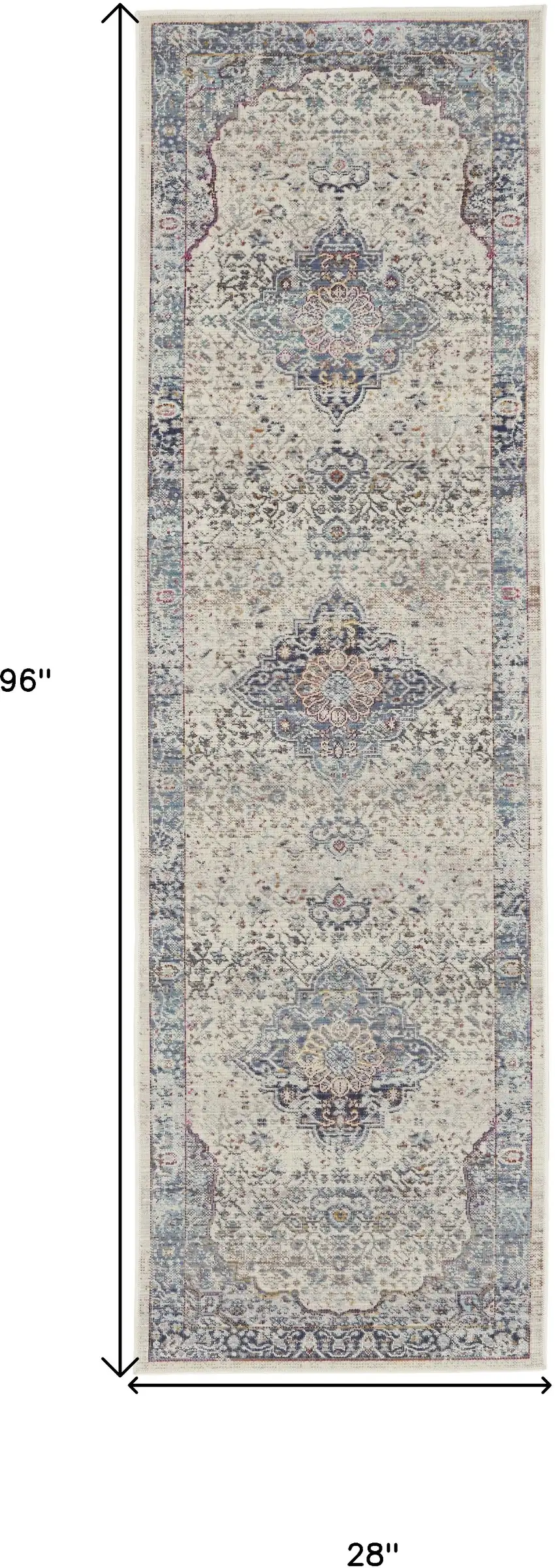 8' Ivory Blue And Orange Floral Distressed Runner Rug Photo 3
