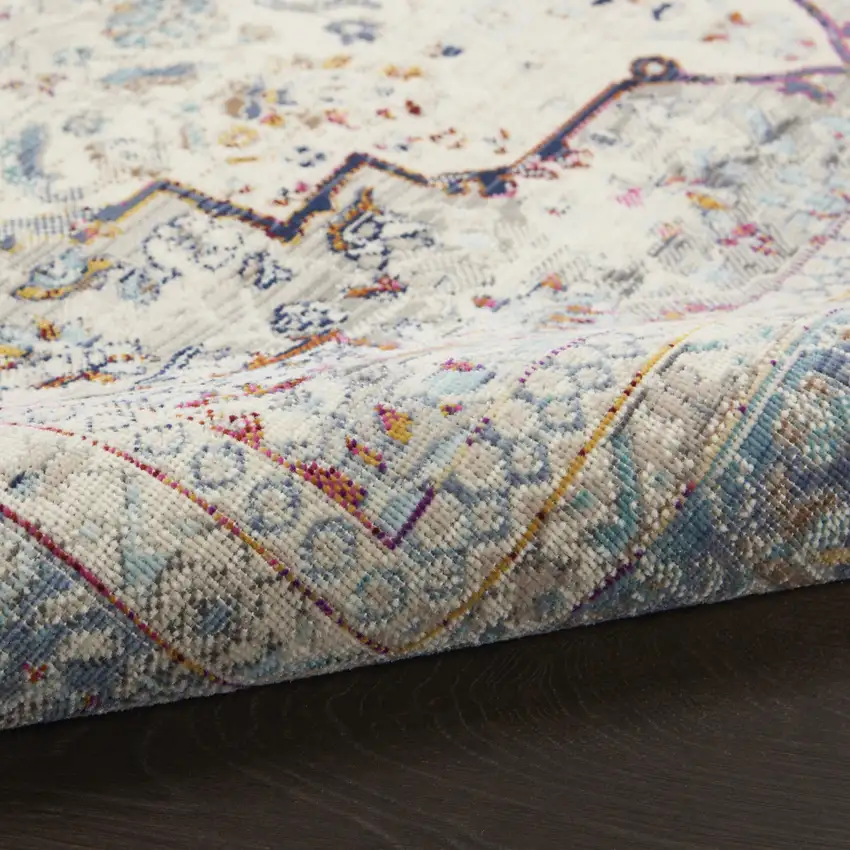 8' Ivory Blue And Orange Floral Distressed Runner Rug Photo 7