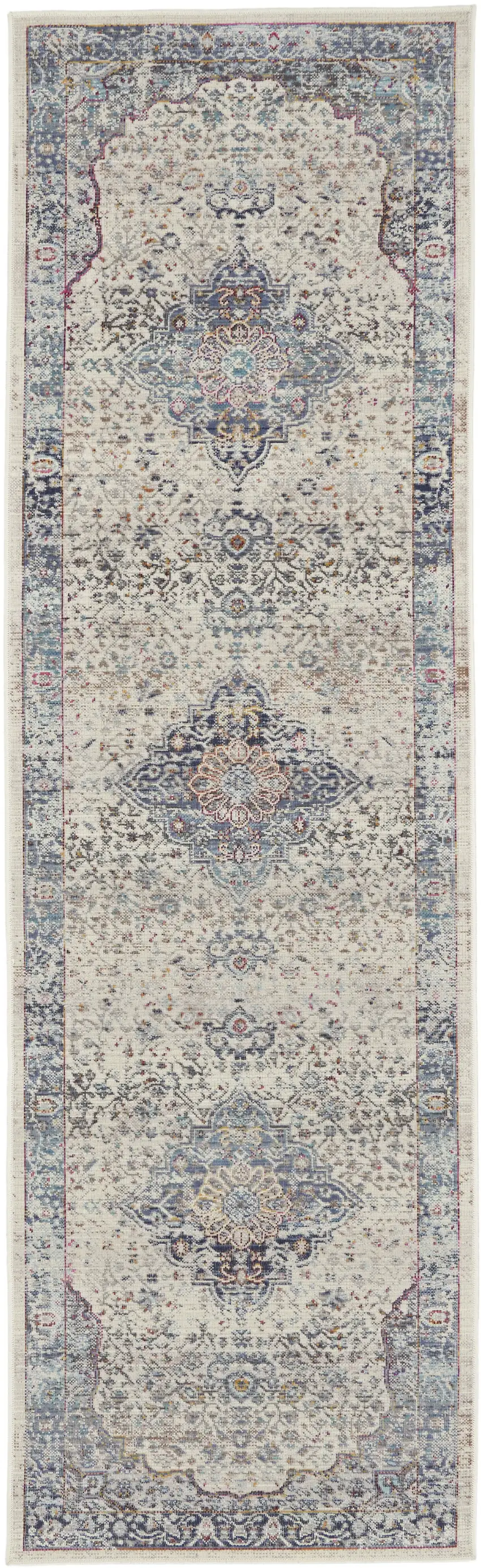 8' Ivory Blue And Orange Floral Distressed Runner Rug Photo 1
