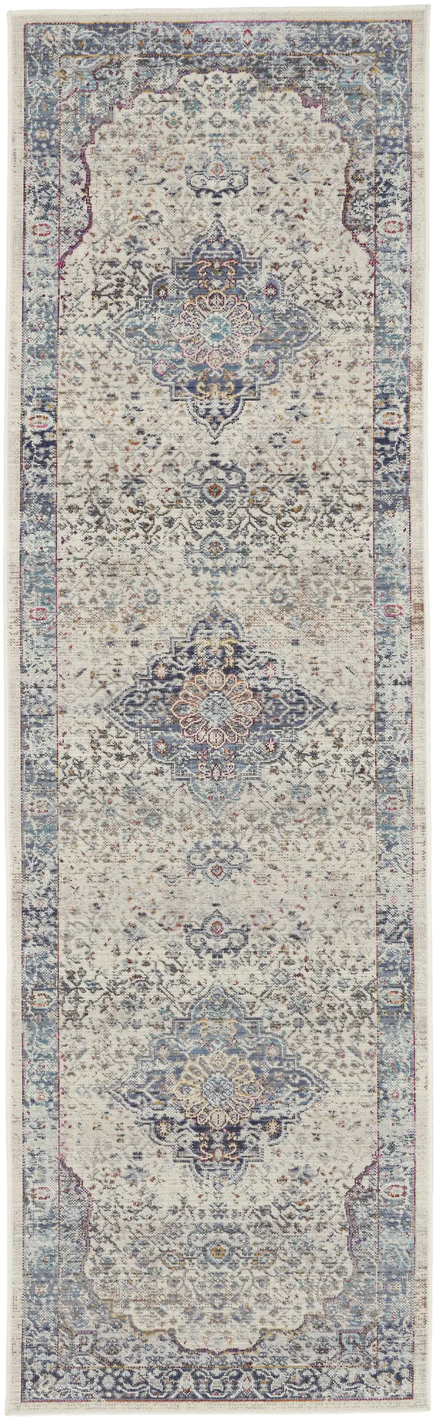8' Ivory Blue And Orange Floral Distressed Runner Rug Photo 2