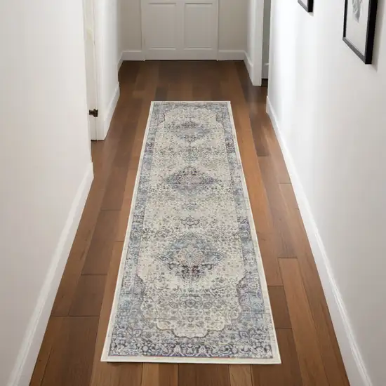6' Ivory Blue And Orange Floral Distressed Runner Rug Photo 1