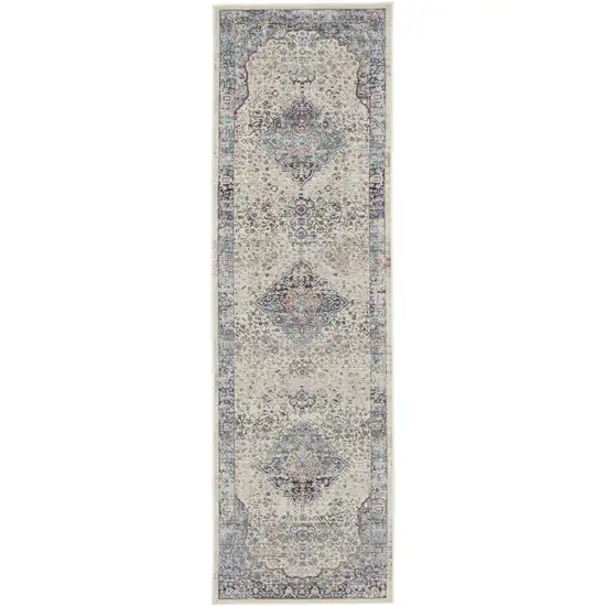 6' Ivory Blue And Orange Floral Distressed Runner Rug Photo 1