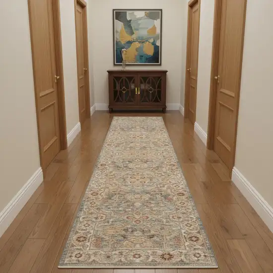 10' Ivory Blue And Orange Floral Medallion Distressed Runner Rug Photo 1