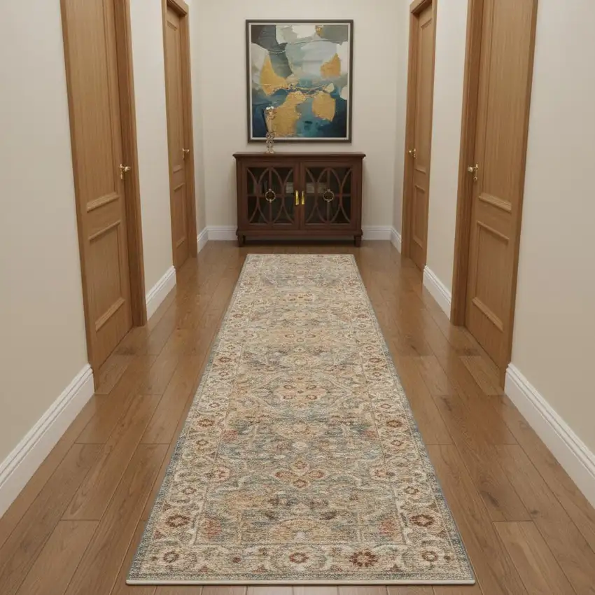 10' Ivory Blue And Orange Floral Medallion Distressed Runner Rug Photo 1