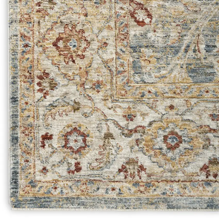 10' Ivory Blue And Orange Floral Medallion Distressed Runner Rug Photo 7