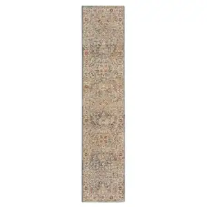 Photo of 10' Ivory Blue And Orange Floral Medallion Distressed Runner Rug