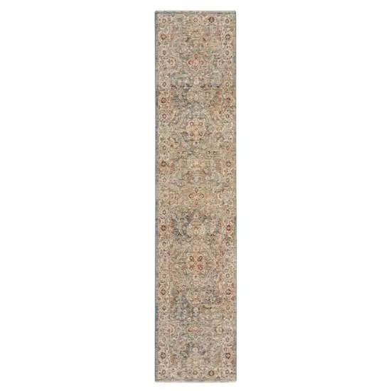 10' Ivory Blue And Orange Floral Medallion Distressed Runner Rug Photo 2