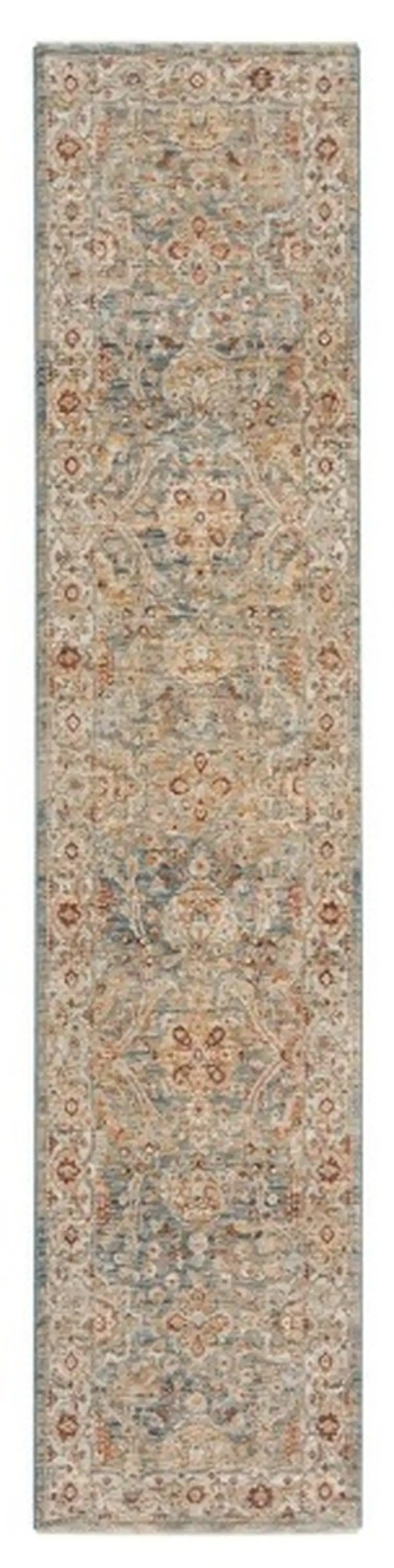 10' Ivory Blue And Orange Floral Medallion Distressed Runner Rug Photo 2