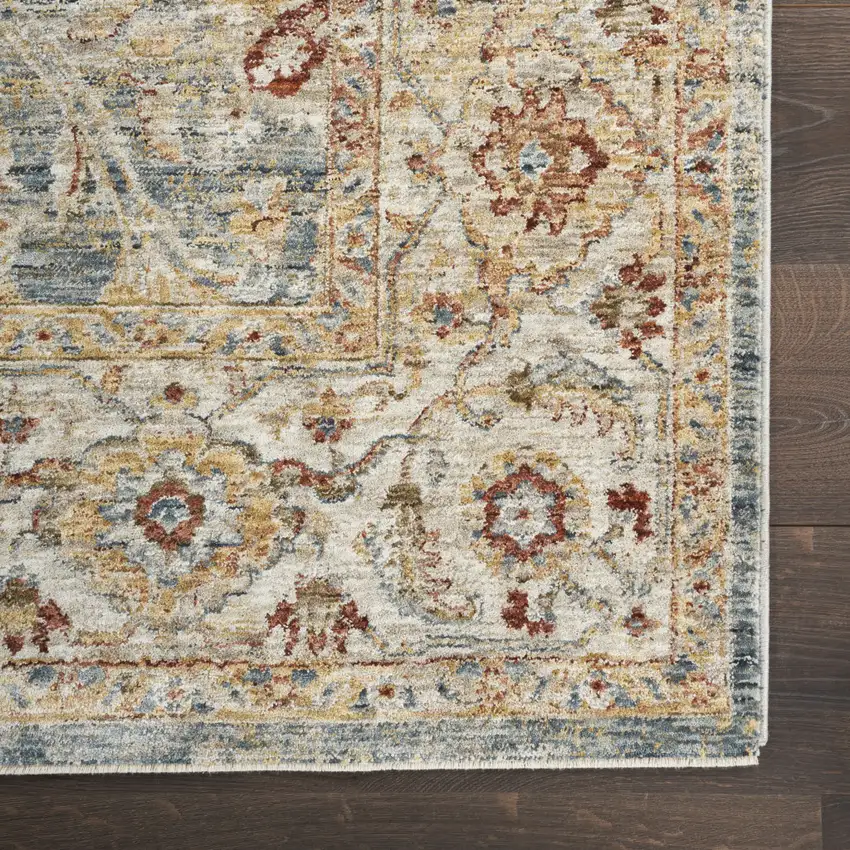 10' Ivory Blue And Orange Floral Medallion Distressed Runner Rug Photo 5