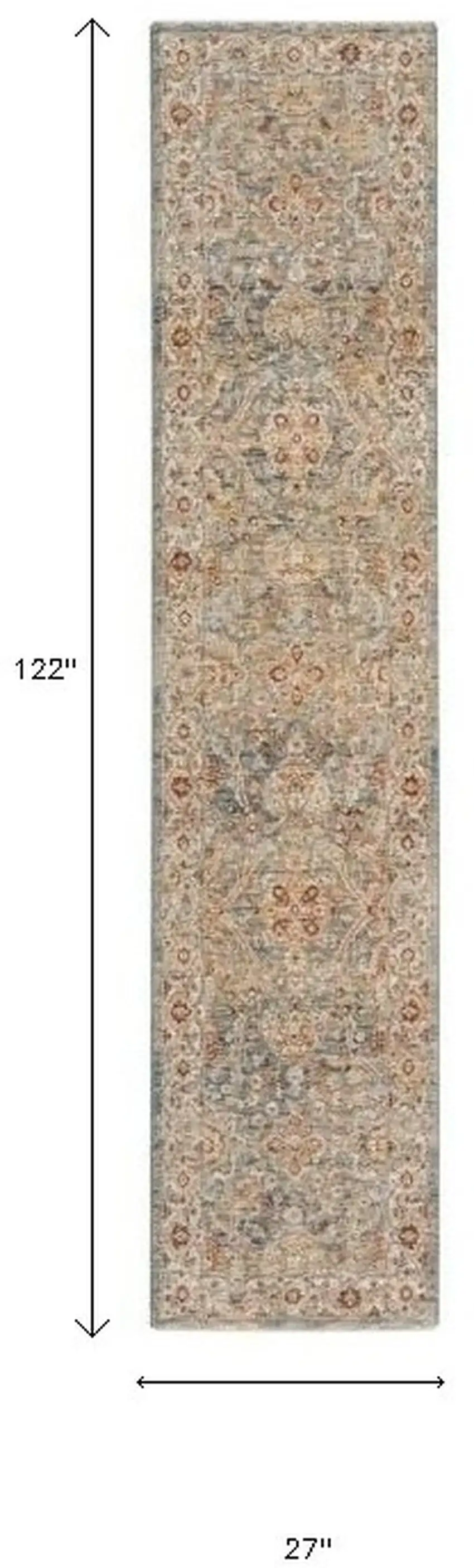 10' Ivory Blue And Orange Floral Medallion Distressed Runner Rug Photo 3