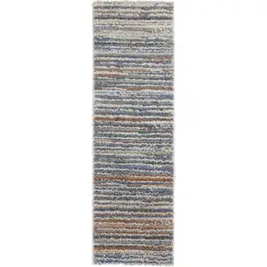 Photo of 8' Ivory Blue And Orange Striped Power Loom Stain Resistant Runner Rug