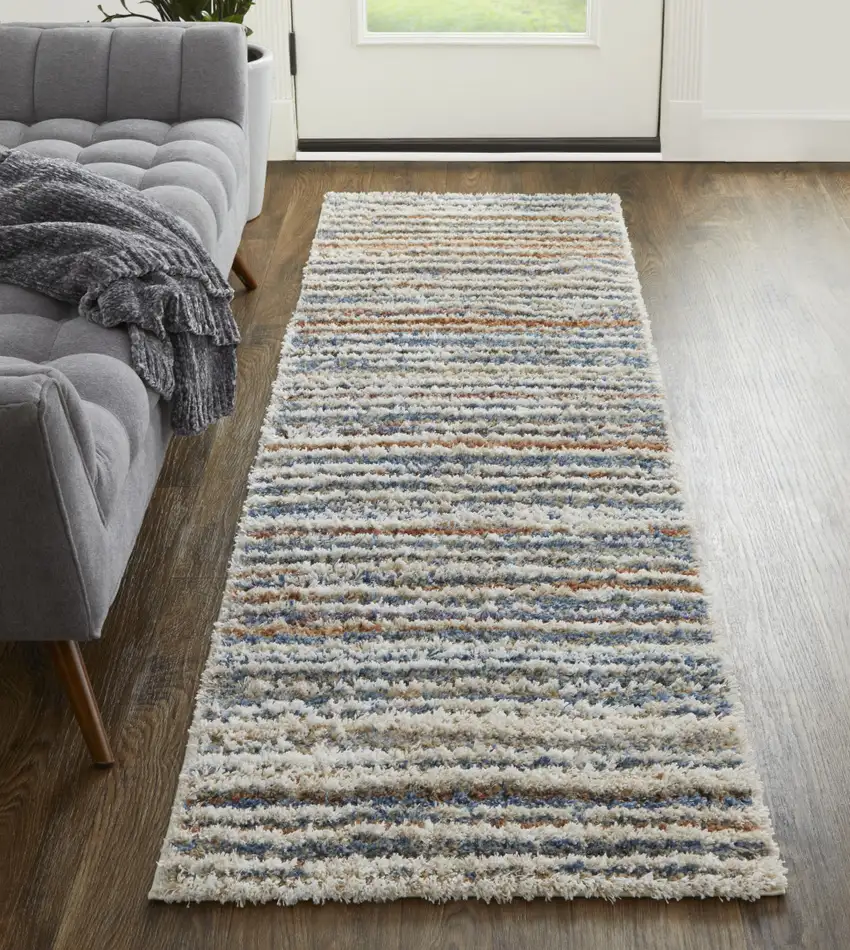 8' Ivory Blue And Orange Striped Power Loom Stain Resistant Runner Rug Photo 4