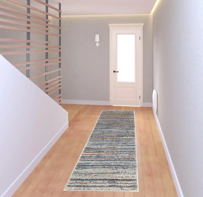 8' Ivory Blue And Orange Striped Power Loom Stain Resistant Runner Rug Photo 2