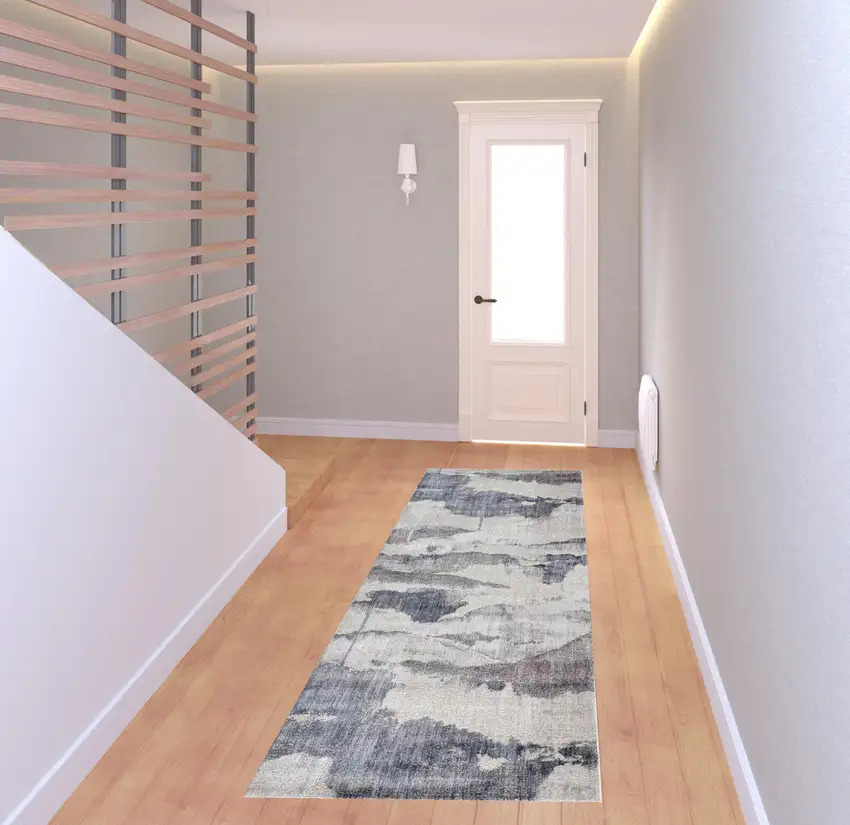 8' Ivory Blue And Pink Abstract Stain Resistant Runner Rug Photo 2