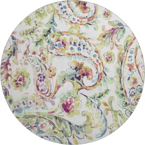 Photo of 8' Ivory Blue And Pink Paisley Washable Round Rug With UV Protection