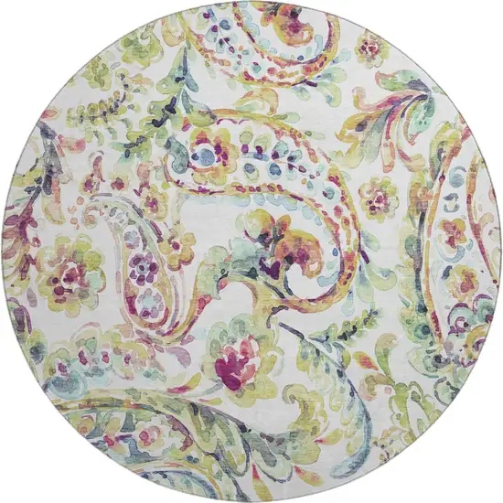 8' Ivory Blue And Pink Paisley Washable Round Rug With UV Protection Photo 1