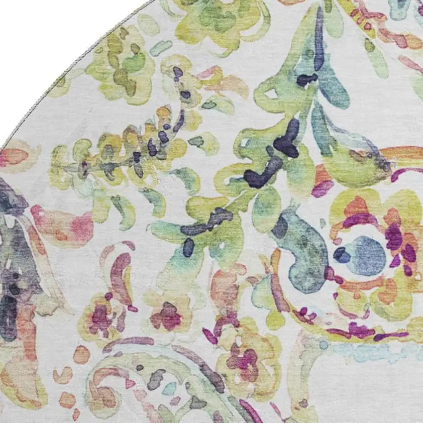 8' Ivory Blue And Pink Paisley Washable Round Rug With UV Protection Photo 3