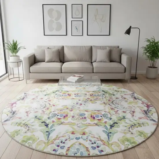 8' Ivory Blue And Pink Paisley Washable Round Rug With UV Protection Photo 2