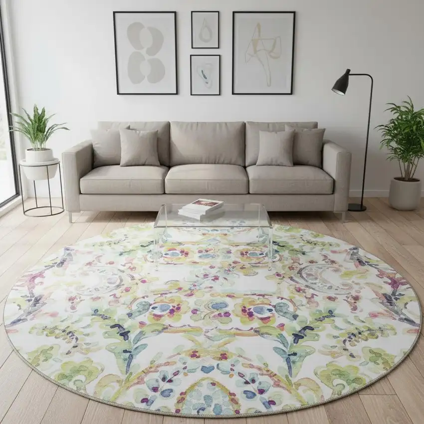 8' Ivory Blue And Pink Paisley Washable Round Rug With UV Protection Photo 2