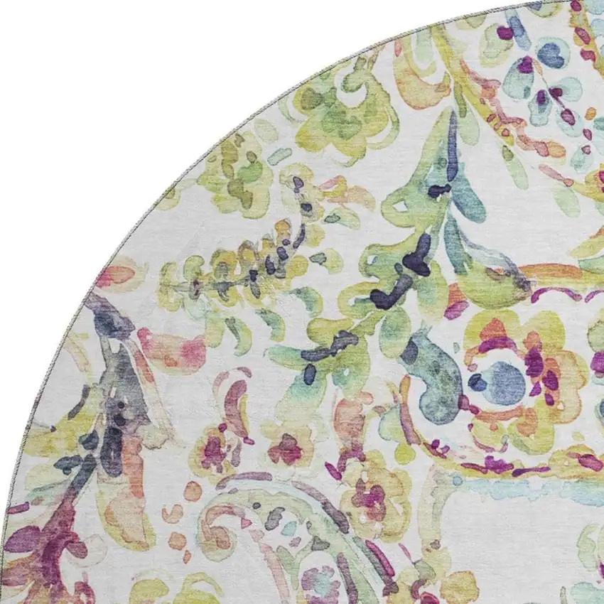 8' Ivory Blue And Pink Paisley Washable Round Rug With UV Protection Photo 4