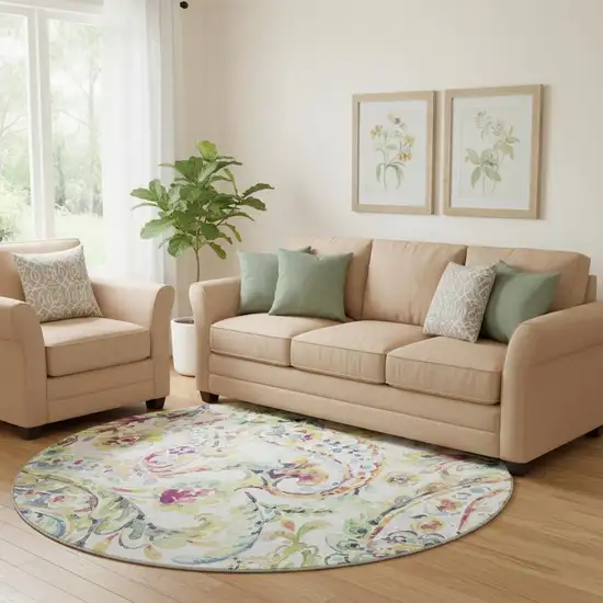 8' Ivory Blue And Pink Paisley Washable Round Rug With UV Protection Photo 1