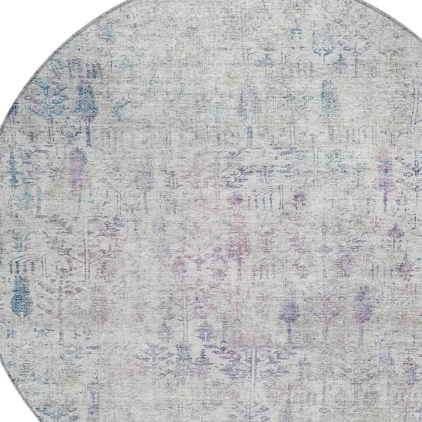 8' Ivory Blue And Purple Round Floral Washable Indoor Outdoor Area Rug Photo 5