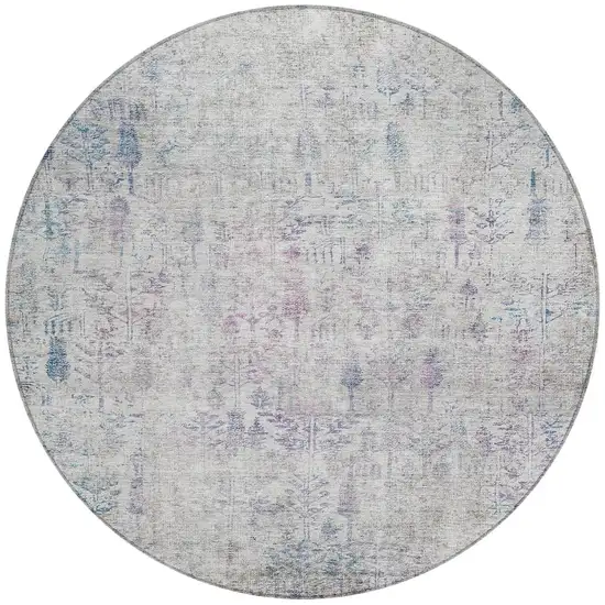 8' Ivory Blue And Purple Round Floral Washable Indoor Outdoor Area Rug Photo 6