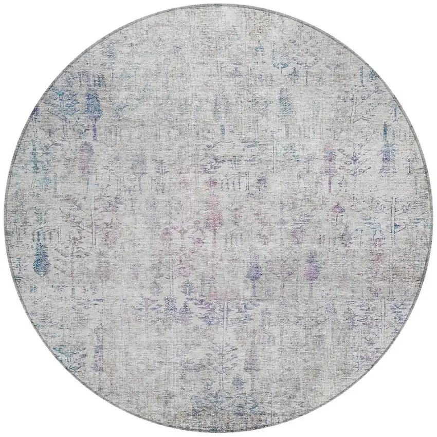 8' Ivory Blue And Purple Round Floral Washable Indoor Outdoor Area Rug Photo 6