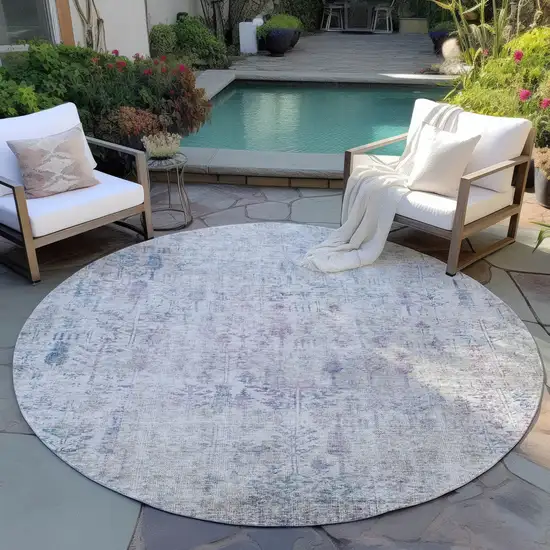 8' Ivory Blue And Purple Round Floral Washable Indoor Outdoor Area Rug Photo 7
