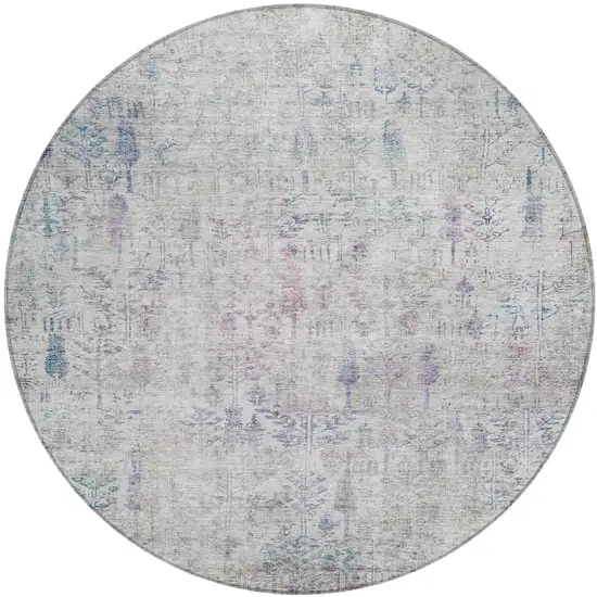 8' Ivory Blue And Purple Round Floral Washable Indoor Outdoor Area Rug Photo 2