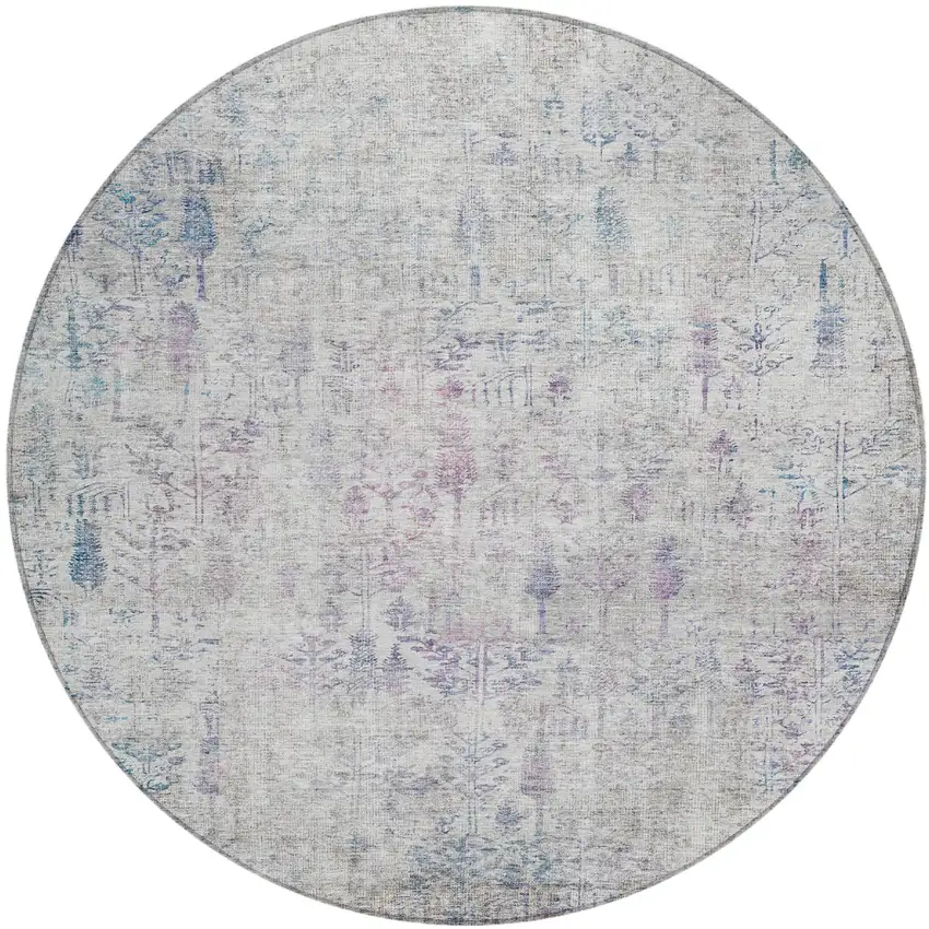 8' Ivory Blue And Purple Round Floral Washable Indoor Outdoor Area Rug Photo 2