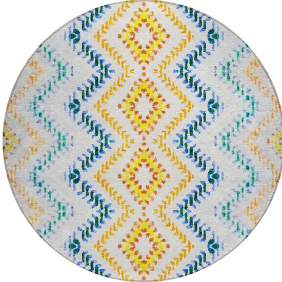 8' Ivory Blue And Purple Round Geometric Washable Indoor Outdoor Area Rug Photo 6
