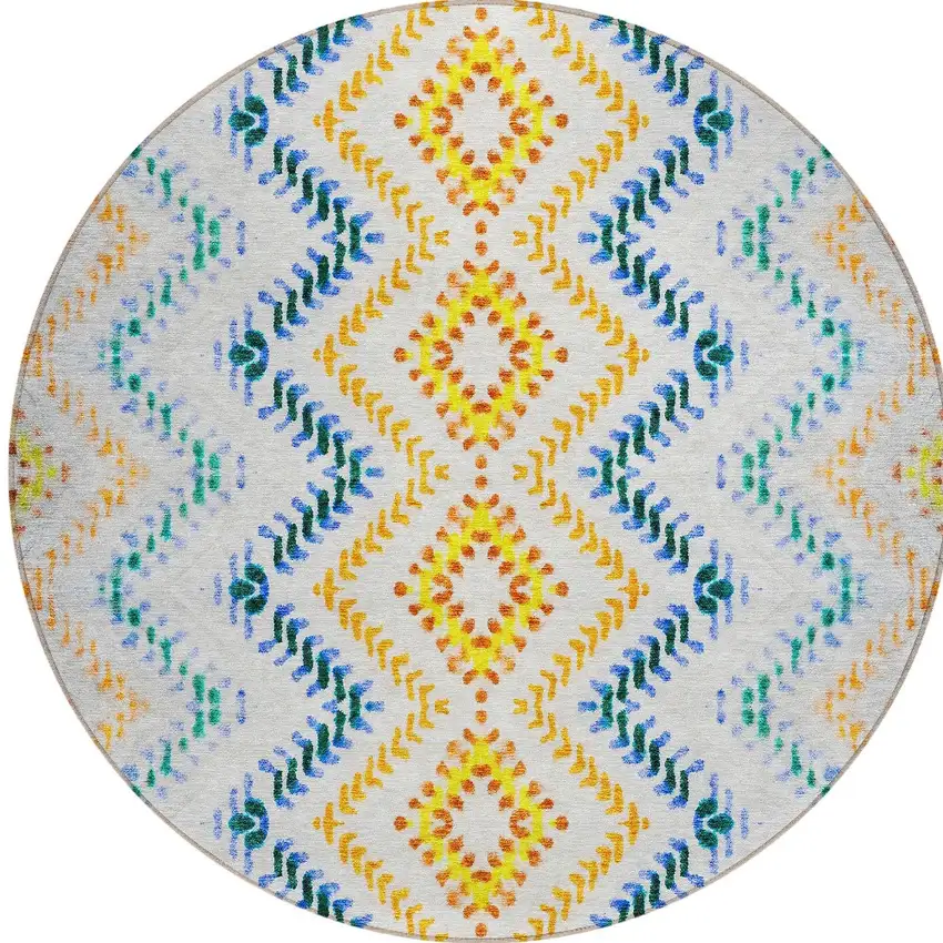 8' Ivory Blue And Purple Round Geometric Washable Indoor Outdoor Area Rug Photo 6