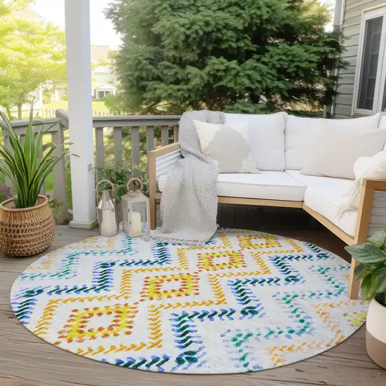8' Ivory Blue And Purple Round Geometric Washable Indoor Outdoor Area Rug Photo 7
