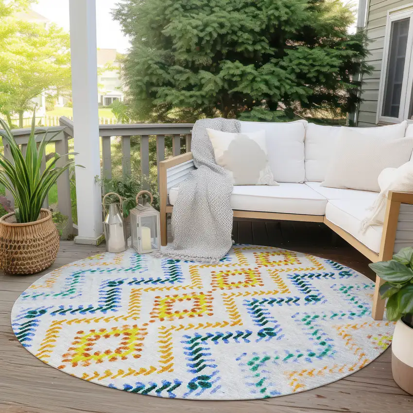 8' Ivory Blue And Purple Round Geometric Washable Indoor Outdoor Area Rug Photo 7