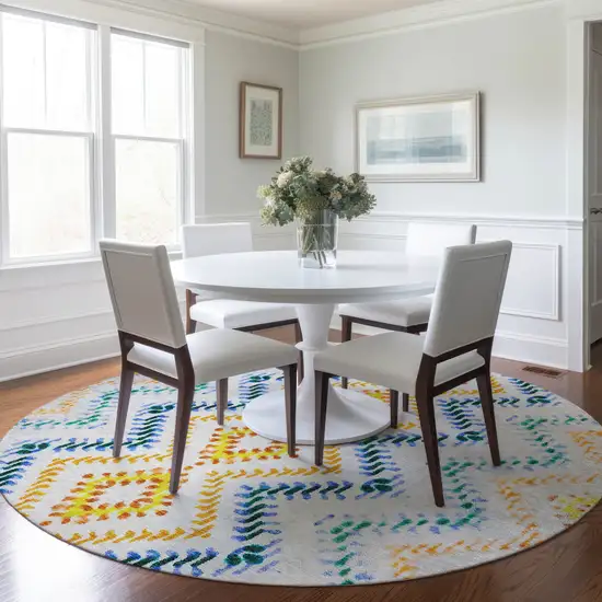 8' Ivory Blue And Purple Round Geometric Washable Indoor Outdoor Area Rug Photo 8