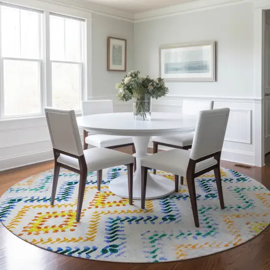 8' Ivory Blue And Purple Round Geometric Washable Indoor Outdoor Area Rug Photo 8