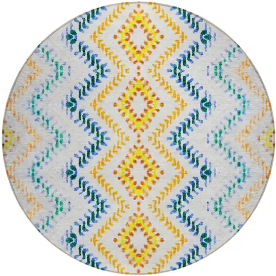 8' Ivory Blue And Purple Round Geometric Washable Indoor Outdoor Area Rug Photo 2