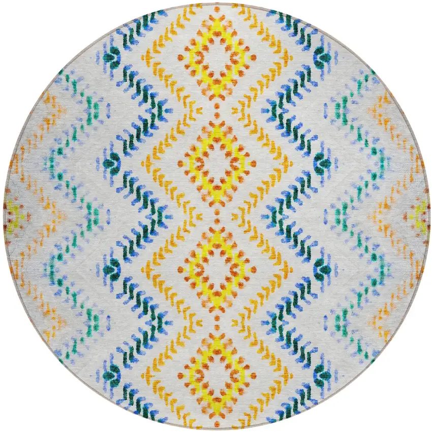 8' Ivory Blue And Purple Round Geometric Washable Indoor Outdoor Area Rug Photo 2