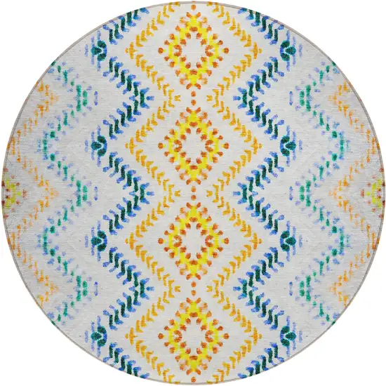 8' Ivory Blue And Purple Round Geometric Washable Indoor Outdoor Area Rug Photo 2