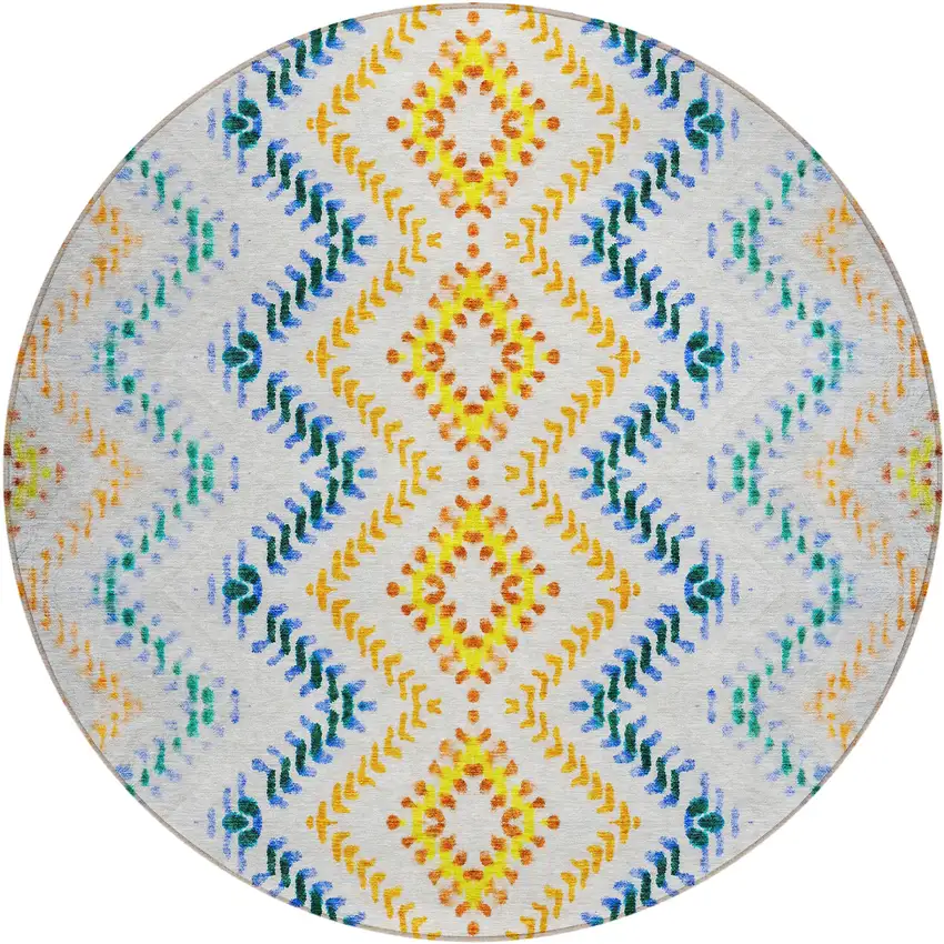 8' Ivory Blue And Purple Round Geometric Washable Indoor Outdoor Area Rug Photo 2