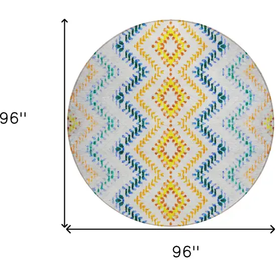 8' Ivory Blue And Purple Round Geometric Washable Indoor Outdoor Area Rug Photo 3
